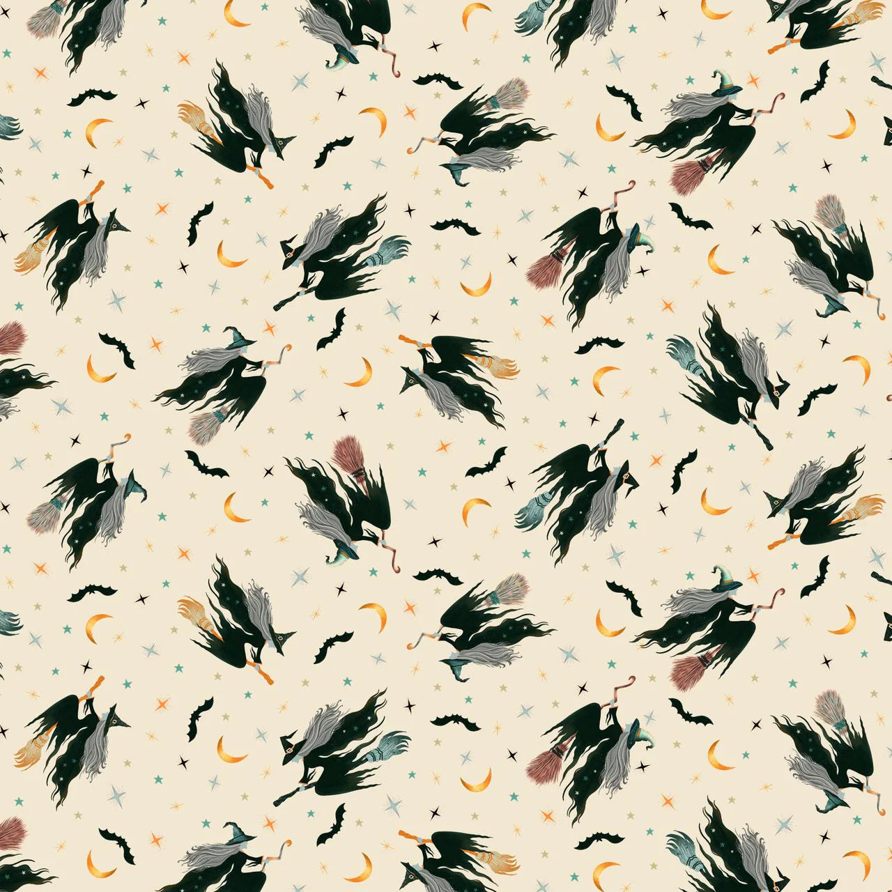 Witchy Wicked Cream Tossed Witches Fabric Yardage - quilt fabric for sewing and quilting projects