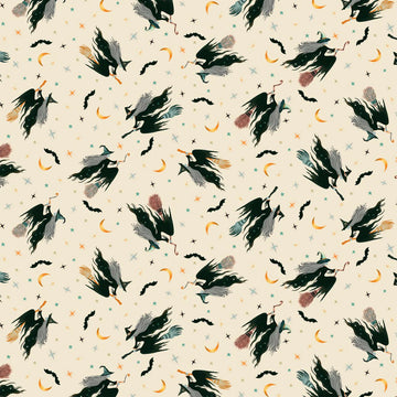 Witchy Wicked Cream Tossed Witches Fabric Yardage - quilt fabric for sewing and quilting projects