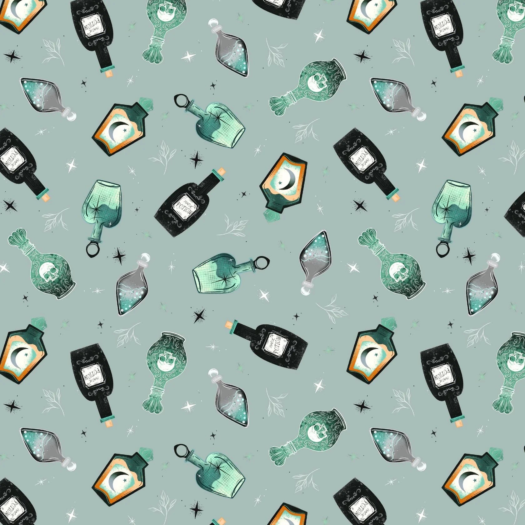 Witchy Wicked Dusty Blue Potions Fabric Yardage - quilt fabric for sewing and quilting projects