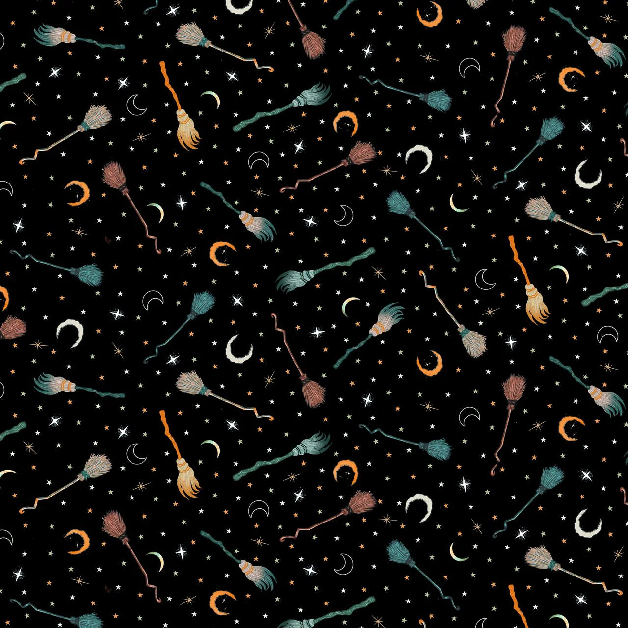 Witchy Wicked Black Tossed Broomsticks Fabric Yardage - quilt fabric for sewing and quilting projects