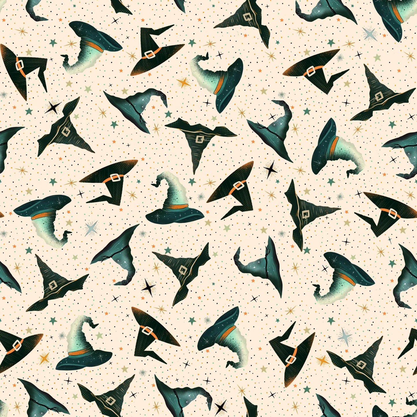 Witchy Wicked Black Tossed Hats Fabric Yardage - quilt fabric for sewing and quilting projects