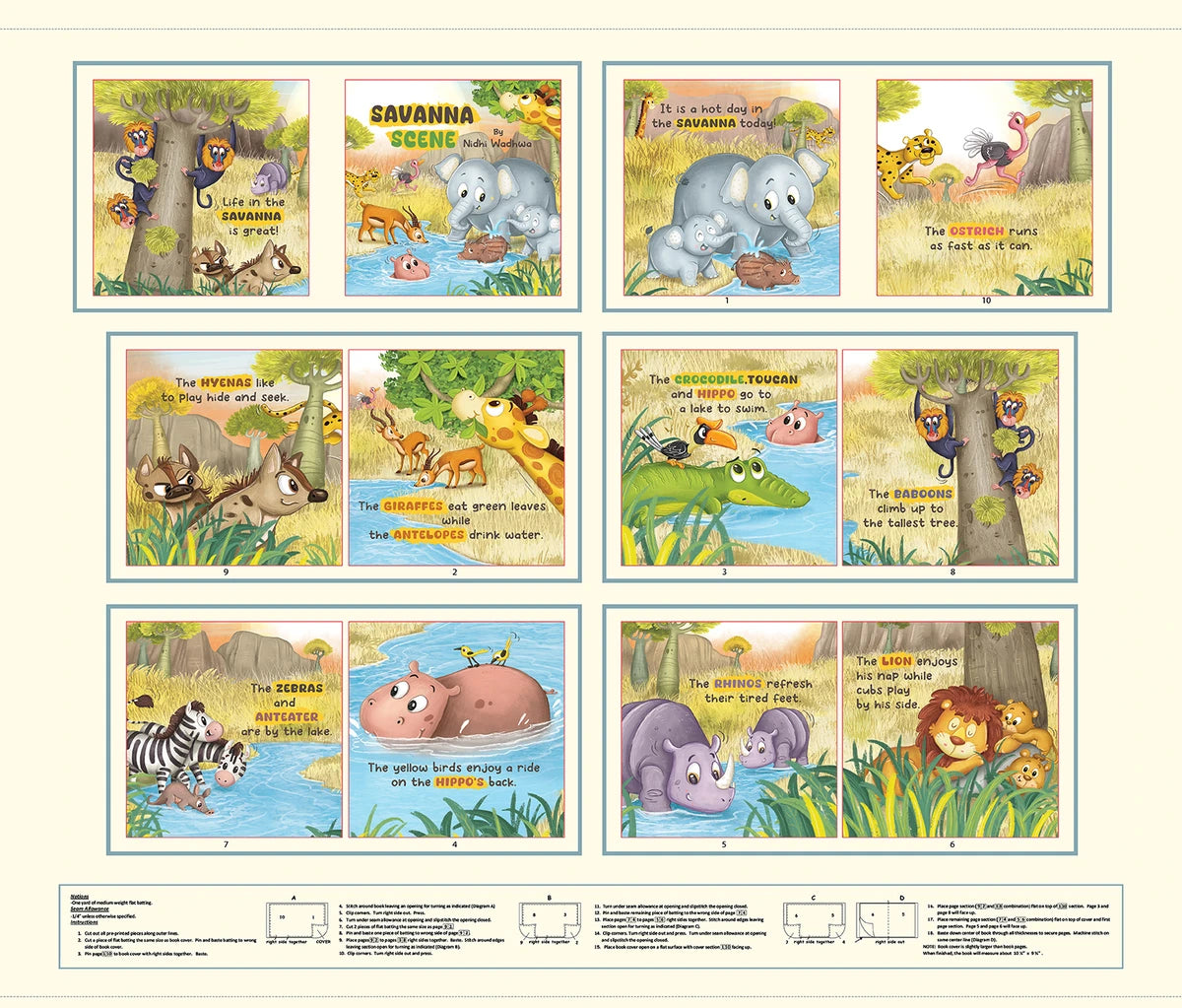 Savanna Scene book panel with African safari animals for children's quilts