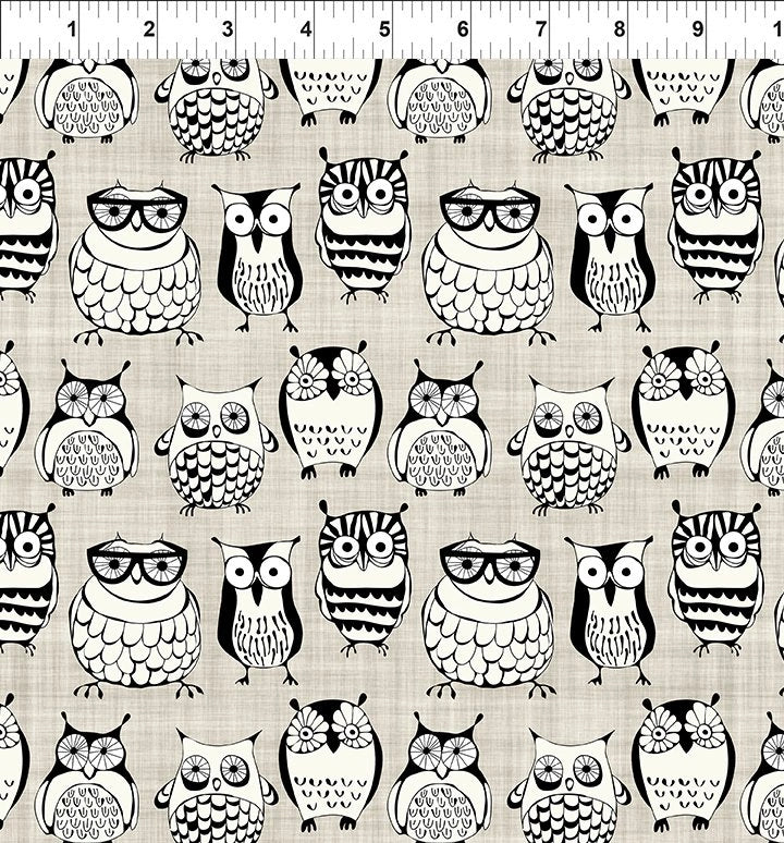 Sketchbook Prints black and white sepia owls fabric yardage