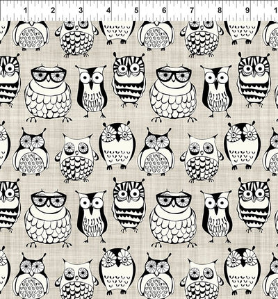 Sketchbook Prints Black and White on Sepia Owls Fabric Yardage