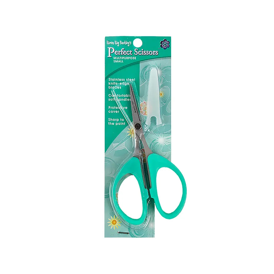 Checker Distributor’s Perfect Scissors Teal 4-3/16in Small Knife-Edge Multipurpose Blades have ergonomic green handles, stainless steel blades for precision cutting, and a protective cover, in floral teal packaging with product details.
