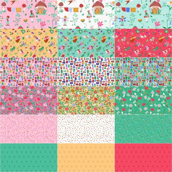 A grid of vibrant 5" squares from Riley Blake’s Thimbelina & the Sewing Fairies—featuring flowers, cats, houses, and abstract designs—perfect as a precut quilting bundle or for crafting projects.