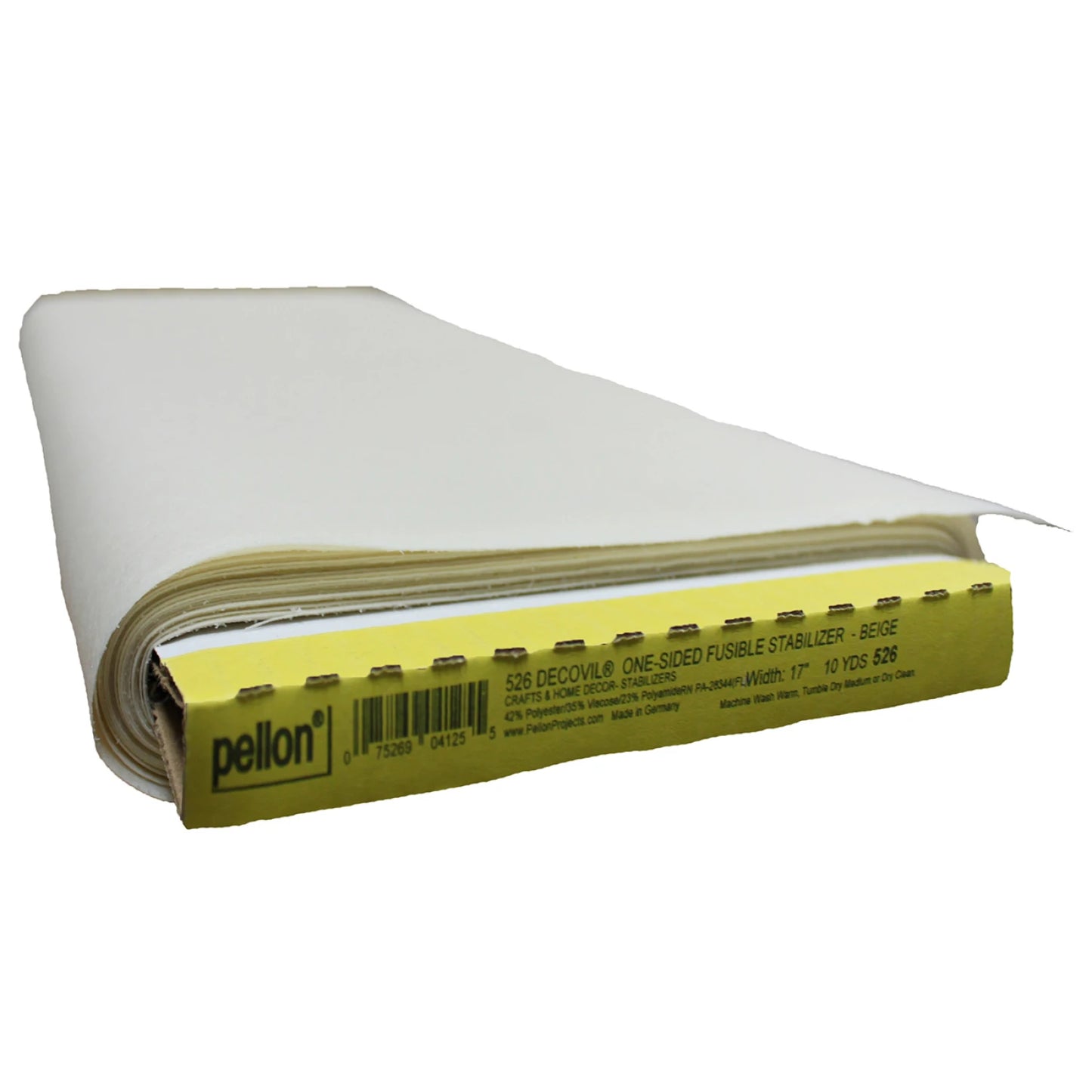 A bolt of Pellon Decovil Fusible Beige 17in x 10yds by Checker Distributor, featuring white fabric wrapped around cardboard and a yellow label.