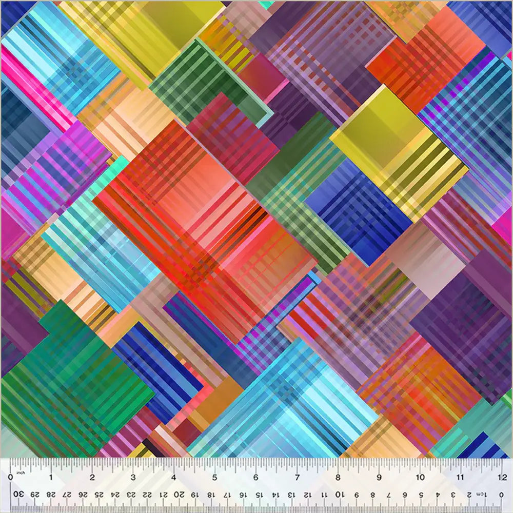 The Prism Patch Multi 108" Wide 3 Yard Quilt Fabric Back Pack features a vibrant abstract pattern of overlapping rectangles and squares with a white centimeter ruler at the bottom for scale, perfect for modern quilt backings.