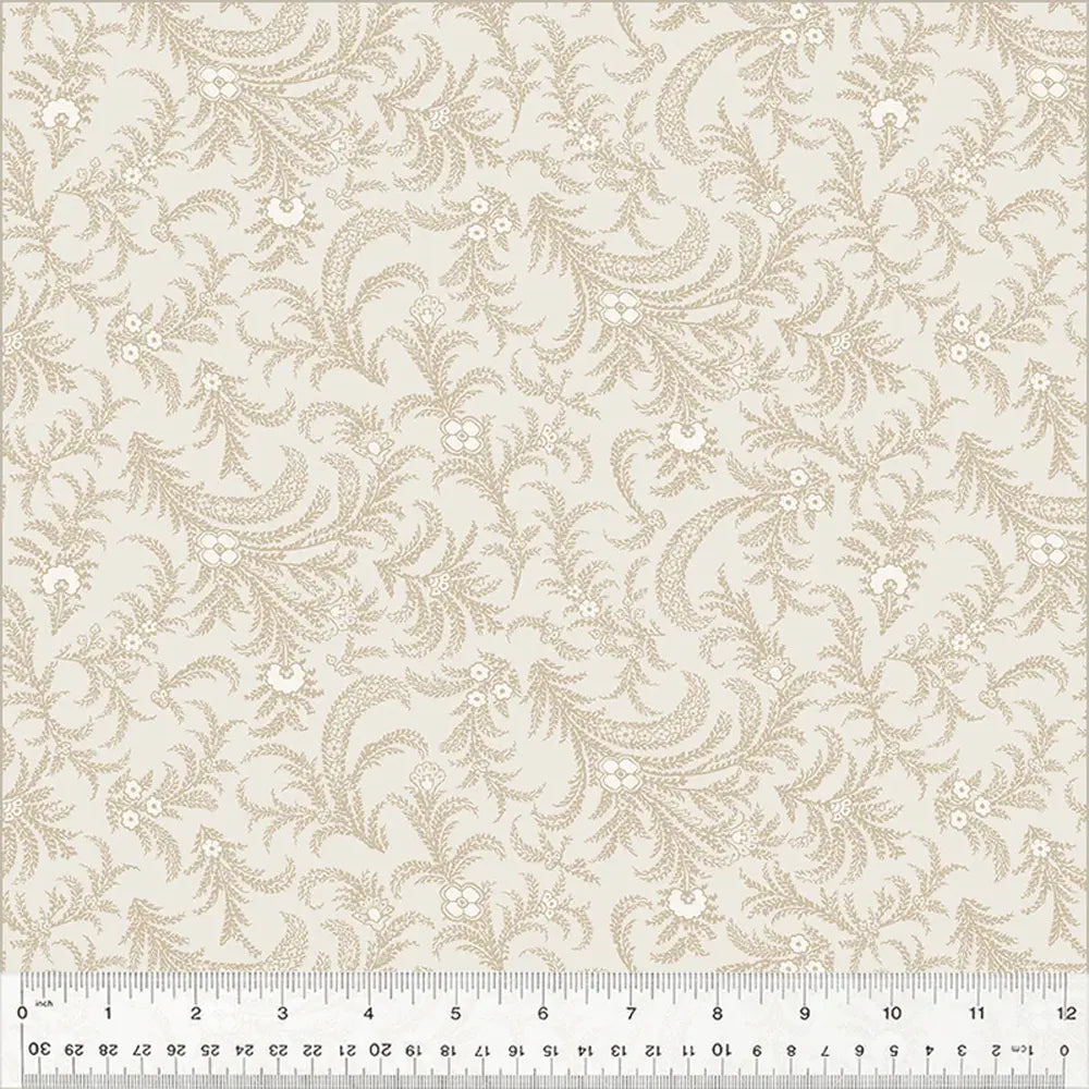 The Delicate Paisley Linen 108" Wide 3 Yard Quilt Fabric Back Pack features a cream-colored base with beige floral and leaf designs, including small curved branches. A ruler shows inches from 0 to 12 for scale, making it perfect for quilt backing.