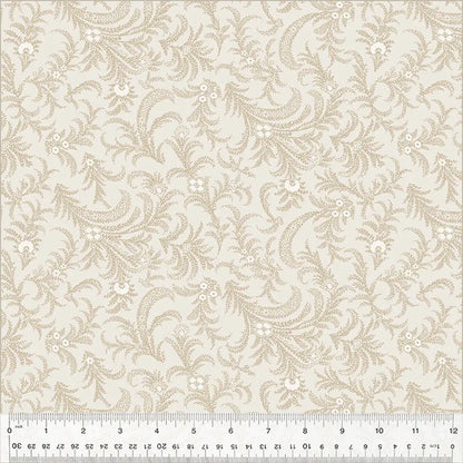 The Delicate Paisley Linen 108" Wide 3 Yard Quilt Fabric Back Pack features a cream-colored base with beige floral and leaf designs, including small curved branches. A ruler shows inches from 0 to 12 for scale, making it perfect for quilt backing.