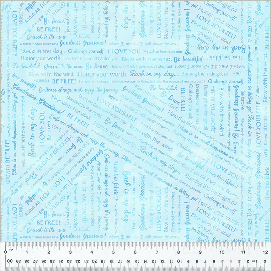 Goodness Gracious! Pale Blue Collaged Phrases Fabric Yardage