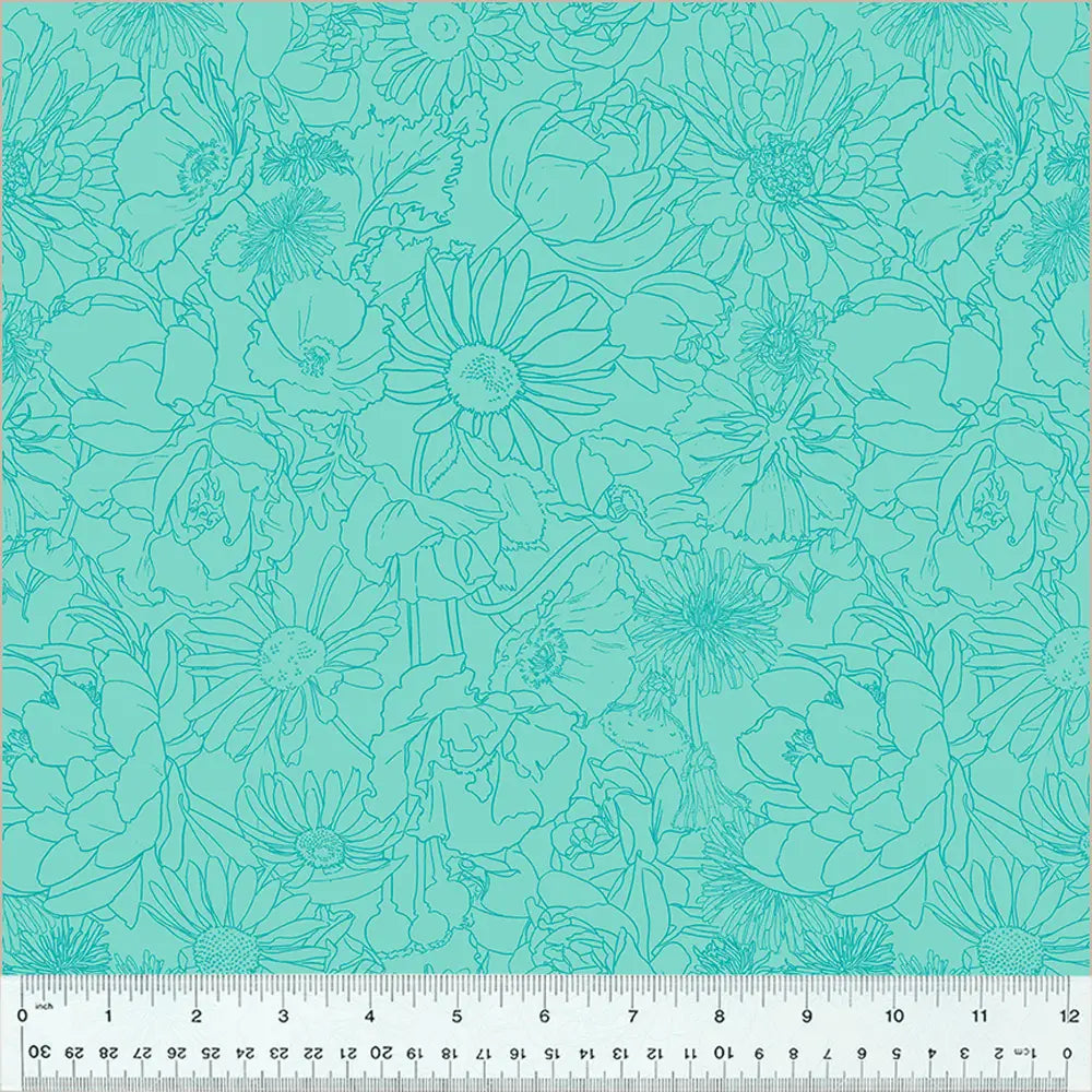 Spring Dreams Aqua Garden Sketch Fabric Yardage Product Photo