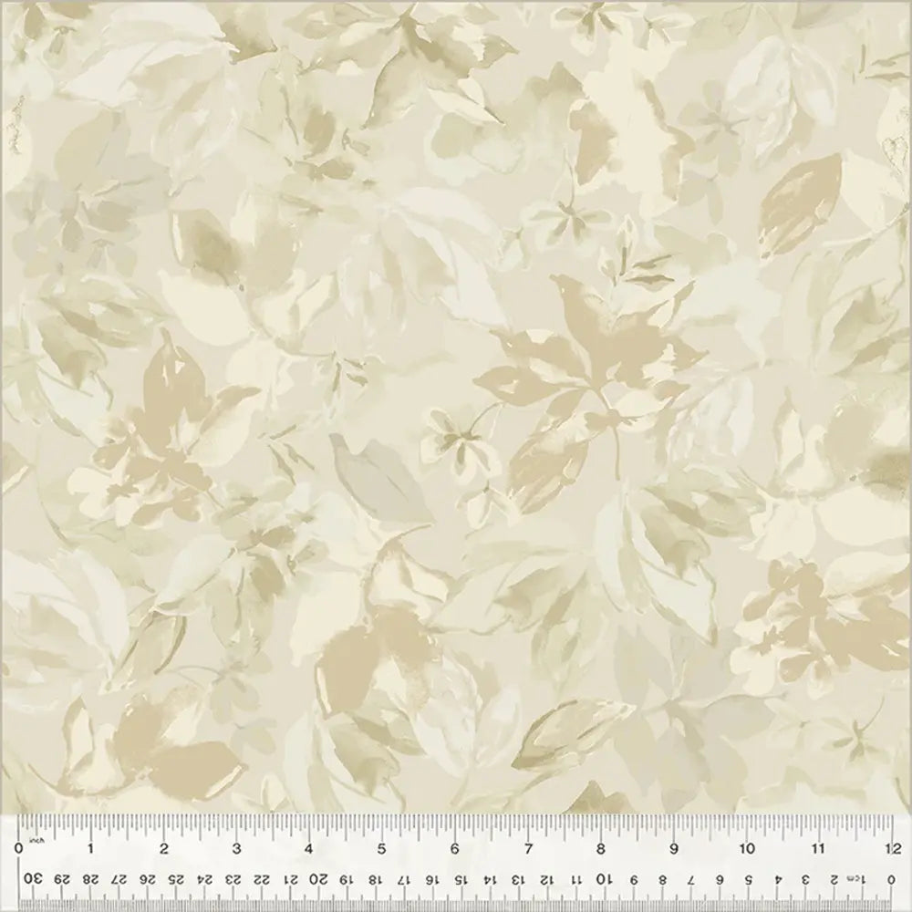 Lush Parchment 108" Wide 3 Yard Quilt Fabric Back Pack from Windham Fabrics features a beige and cream floral leaf pattern, perfect for quilt backs. Ruler at the bottom shows scale in centimeters and inches.