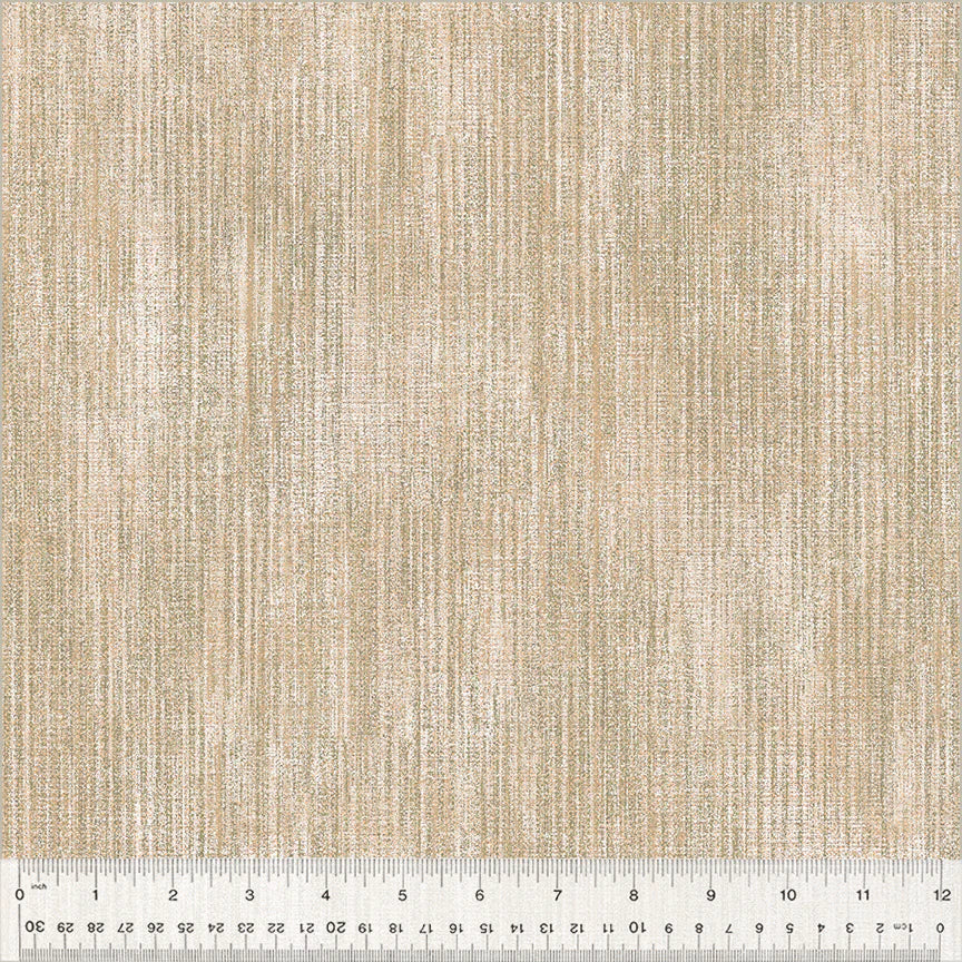 A close-up of Terrain 2.0 Birch Fabric Yardage shows beige quilting fabric with a textured vertical linear pattern and a clear ruler marking 0–30 cm. Ideal for sewing or craft projects from Windham Fabrics.