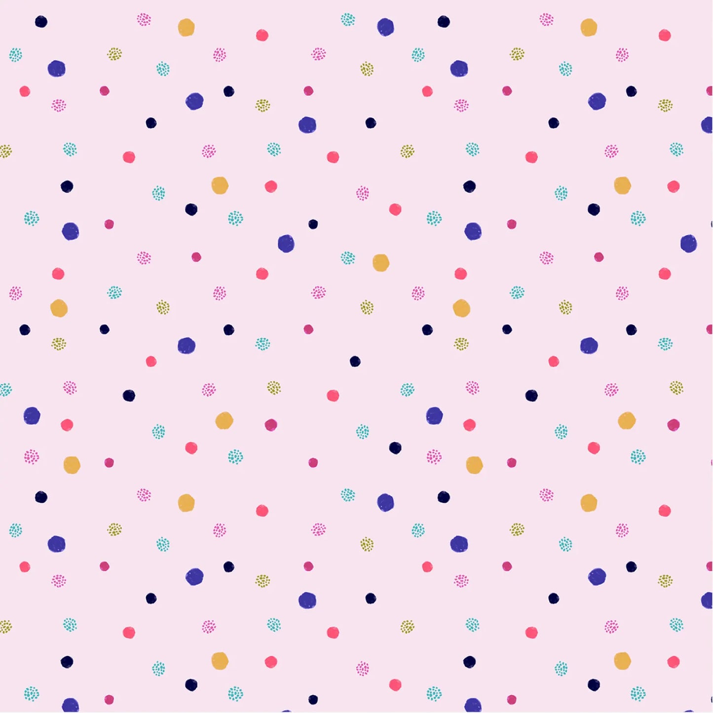 Dayspring Dot Petal Yardage features a seamless pattern of multicolored dots in varying sizes on petal pink fabric, creating a playful and cheerful look—ideal for baby quilts or fun polka dot fabric projects.