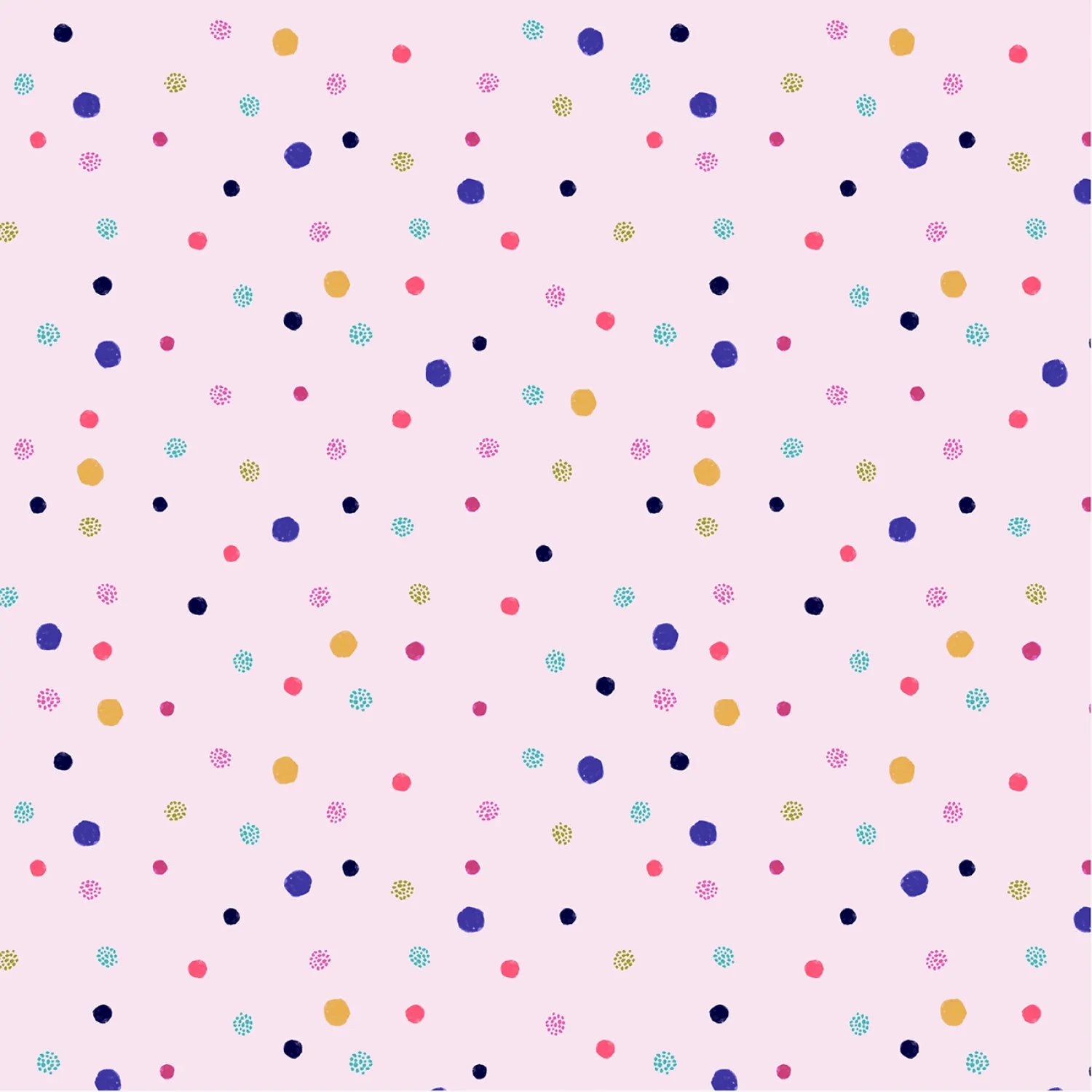 Dayspring Dot Petal Yardage features a seamless pattern of multicolored dots in varying sizes on petal pink fabric, creating a playful and cheerful look—ideal for baby quilts or fun polka dot fabric projects.