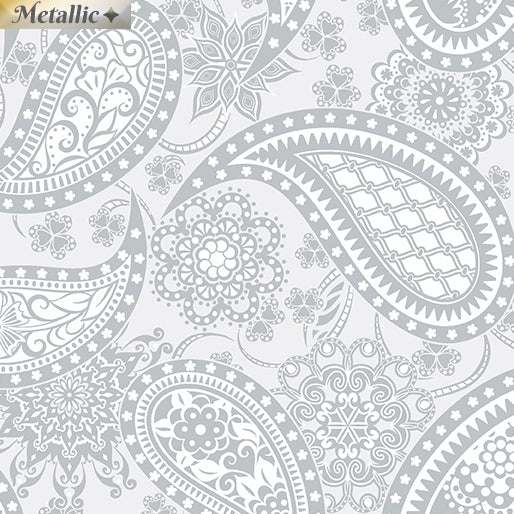 Paisley with Silver Metallic Accents on Light Gray by Benartex features an ornate, repeating pattern of swirling paisley and delicate floral details in metallic silver on a light gray background.