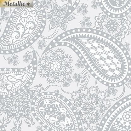 Paisley with Silver Metallic Accents on Light Gray by Benartex features an ornate, repeating pattern of swirling paisley and delicate floral details in metallic silver on a light gray background.