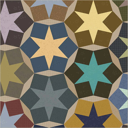 Stellar Dusk 108" Wide Quilt Backing Fabric by Windham Fabrics features a geometric patchwork of eight-pointed stars in muted blues, yellows, greens, and purples—ideal for adding subtle color to your quilt backings.