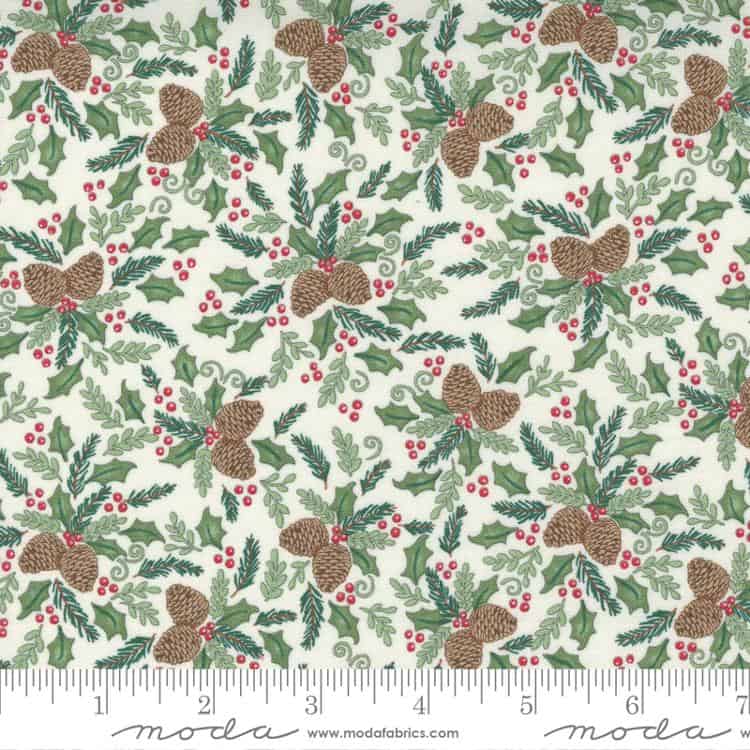 Home Sweet Holidays Pinecone Holly Berry White Fabric Yardage