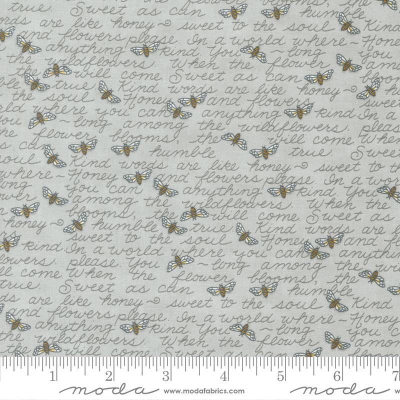 Honey Lavender Wordy Bees Dove Grey Fabric Yardage