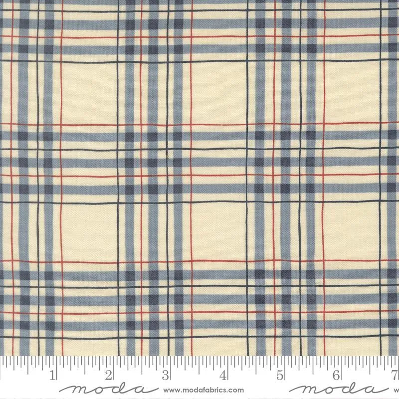 America 250 Years Parchment Blue Checks and Plaids fabric by United Notions features cream fabric with navy blue and red plaid lines, ideal for patriotic quilting. An inch ruler shows the scale at the bottom.