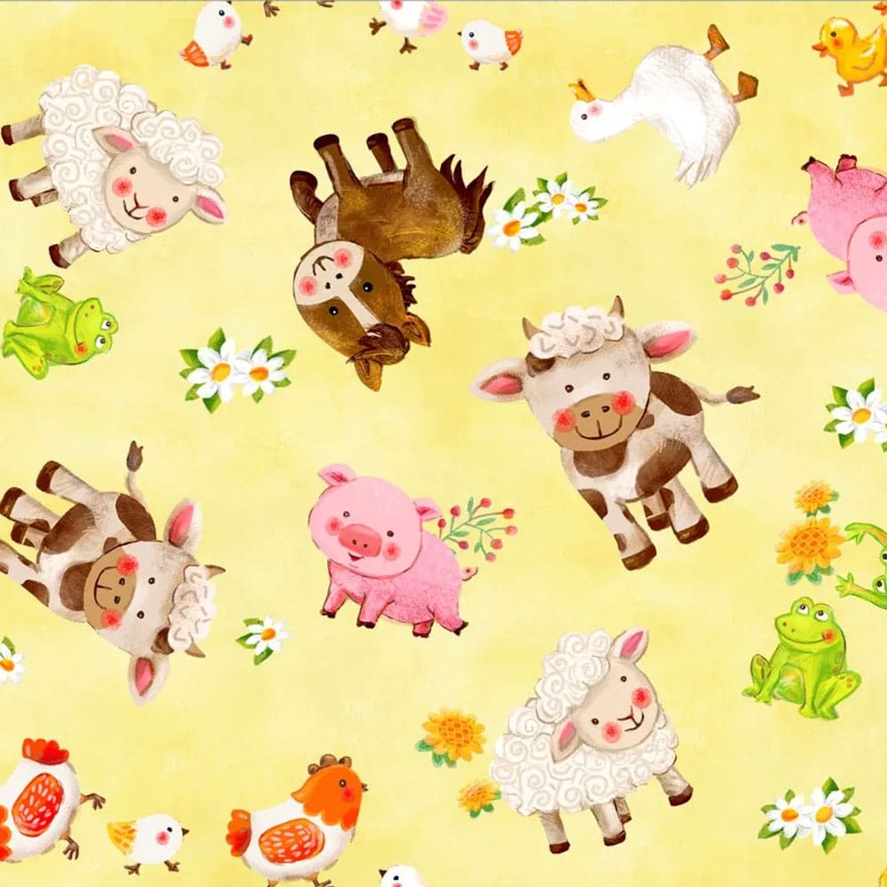 Wee Ones Farm Animals on Yellow Fabric Yardage