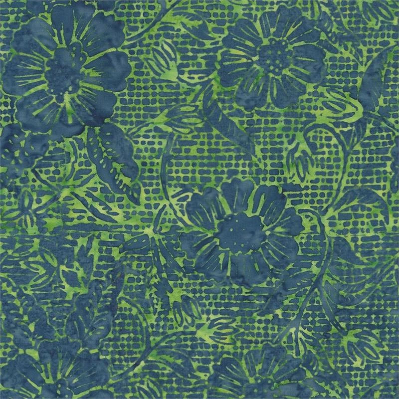 Twilight Garden Green Zinnia Batik Fabric Yardage