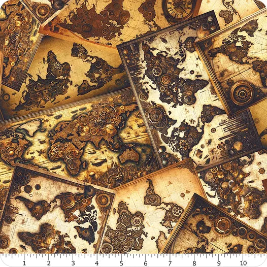 Steampunk Menagerie Multi Maps Fabric Yardage by In the Beginning Fabrics features vintage-style world maps overlaid with steampunk gears and clocks in sepia and beige tones, ideal for quilting or crafts. Includes ruler in inches for scale.