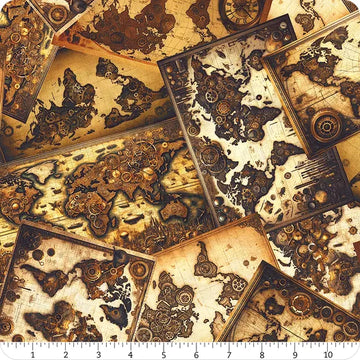 Steampunk Menagerie Multi Maps Fabric Yardage - quilt fabric for sewing and quilting projects