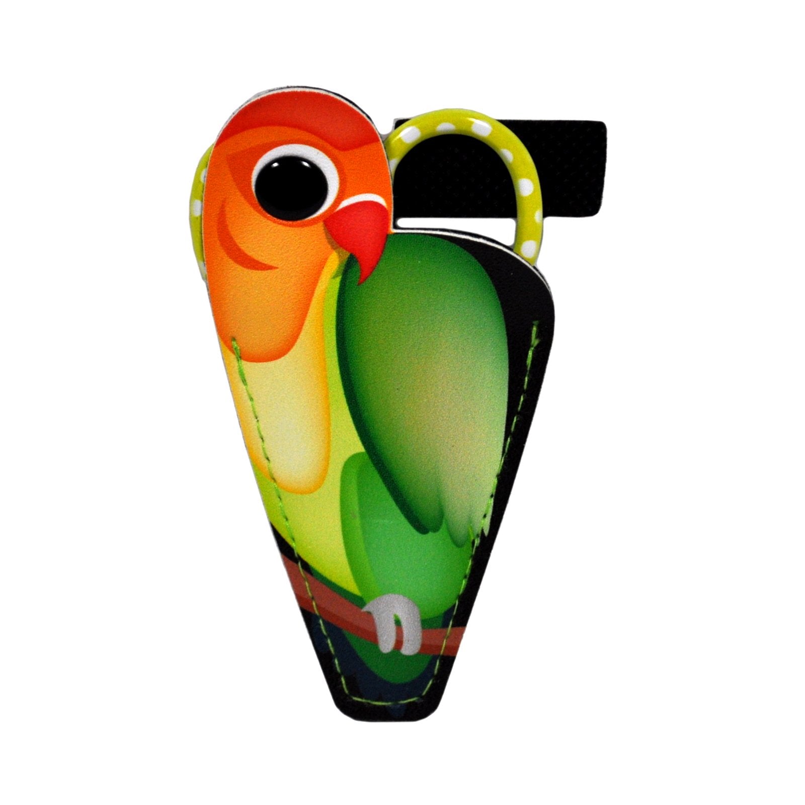 The Baby Lock Purse Parrot Embroidery Scissors with PU pouch features a colorful, cartoon-style parrot design with orange, green, and yellow feathers on a compact case with rounded top and black strap.