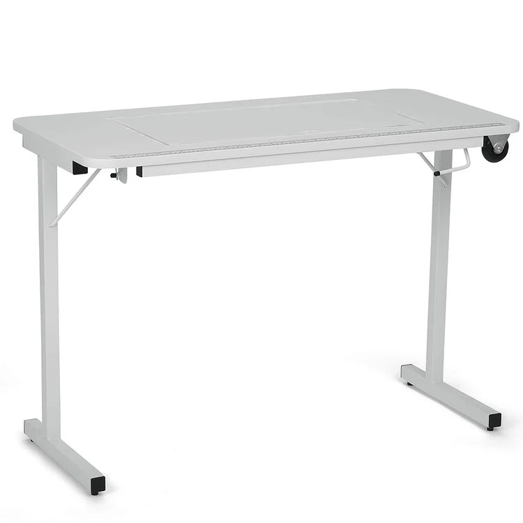 The Arrow Gidget II Sewing Table by Arrow Companies, LLC features a modern rectangular white design, metal legs, and a back right caster for mobility—perfect as an office desk, study table, or adjustable sewing surface.