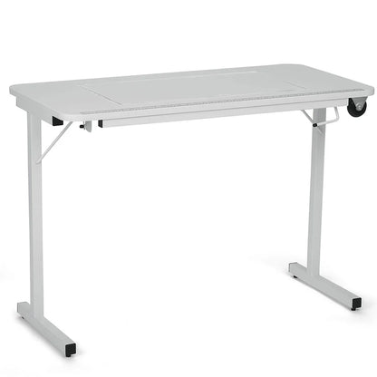 The Arrow Gidget II Sewing Table by Arrow Companies, LLC features a modern rectangular white design, metal legs, and a back right caster for mobility—perfect as an office desk, study table, or adjustable sewing surface.