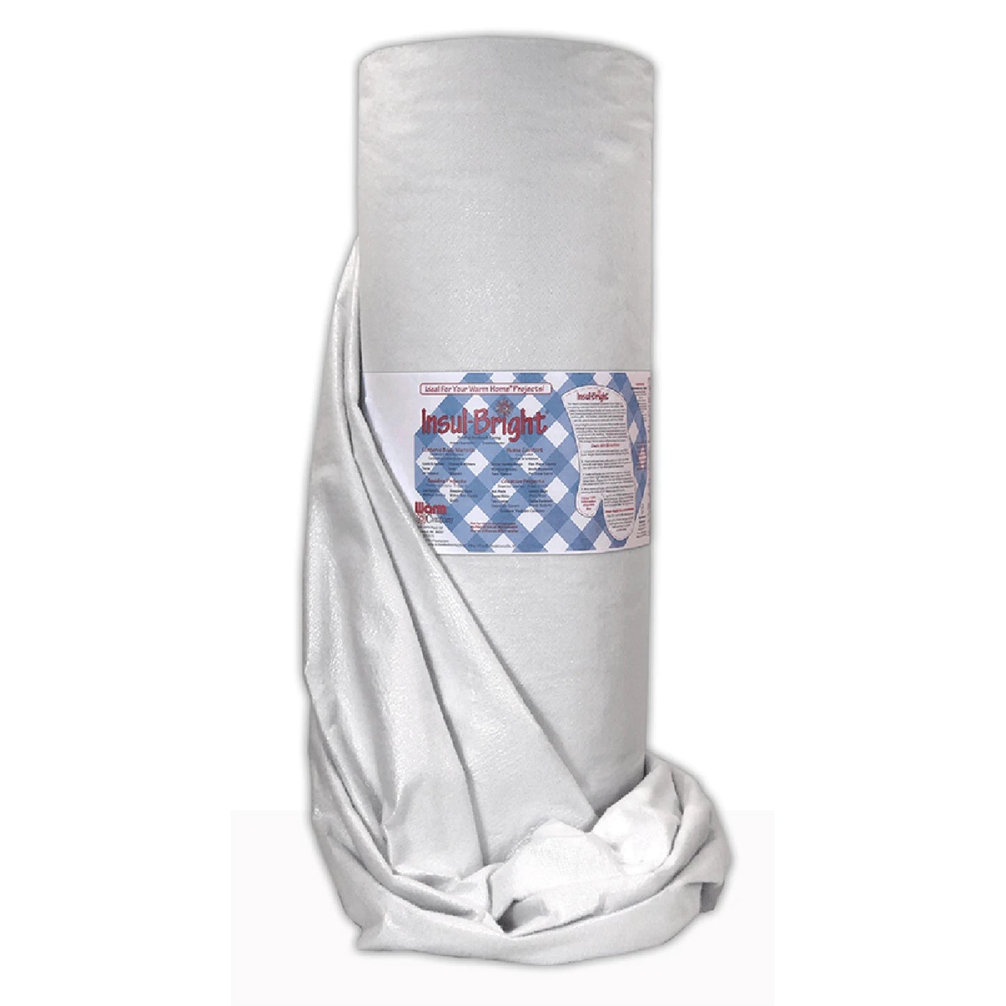 A roll of Checker Distributor's Insul-Bright 45" Wide Yardage, partially draped with matching white fabric, is shown with a label featuring product info and a blue checkered design—perfect for crafting pot holders.
