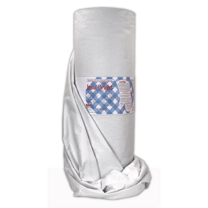 A roll of Checker Distributor's Insul-Bright 45" Wide Yardage, partially draped with matching white fabric, is shown with a label featuring product info and a blue checkered design—perfect for crafting pot holders.