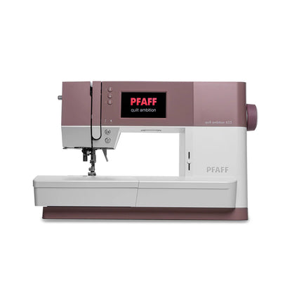 The Quilted Joy Pfaff Quilt Ambition 635 Sewing and Quilting Machine, shown from the front in white and mauve, features Integrated Dual Feed Technology, a digital display screen, and multiple control buttons.