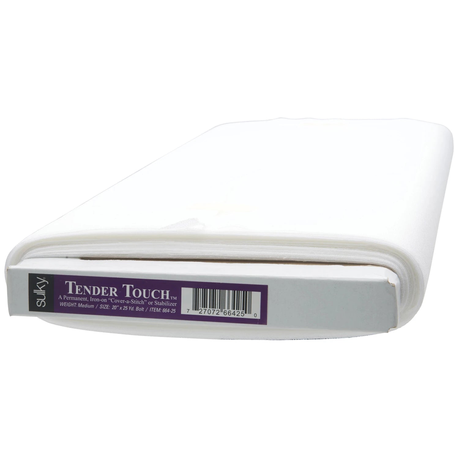 A bolt of Checker Distributor Cut Away Tender Touch Iron-On Backing White 20in, a permanent lightweight stabilizer, wrapped in white fabric with a product label and barcode on the packaging.