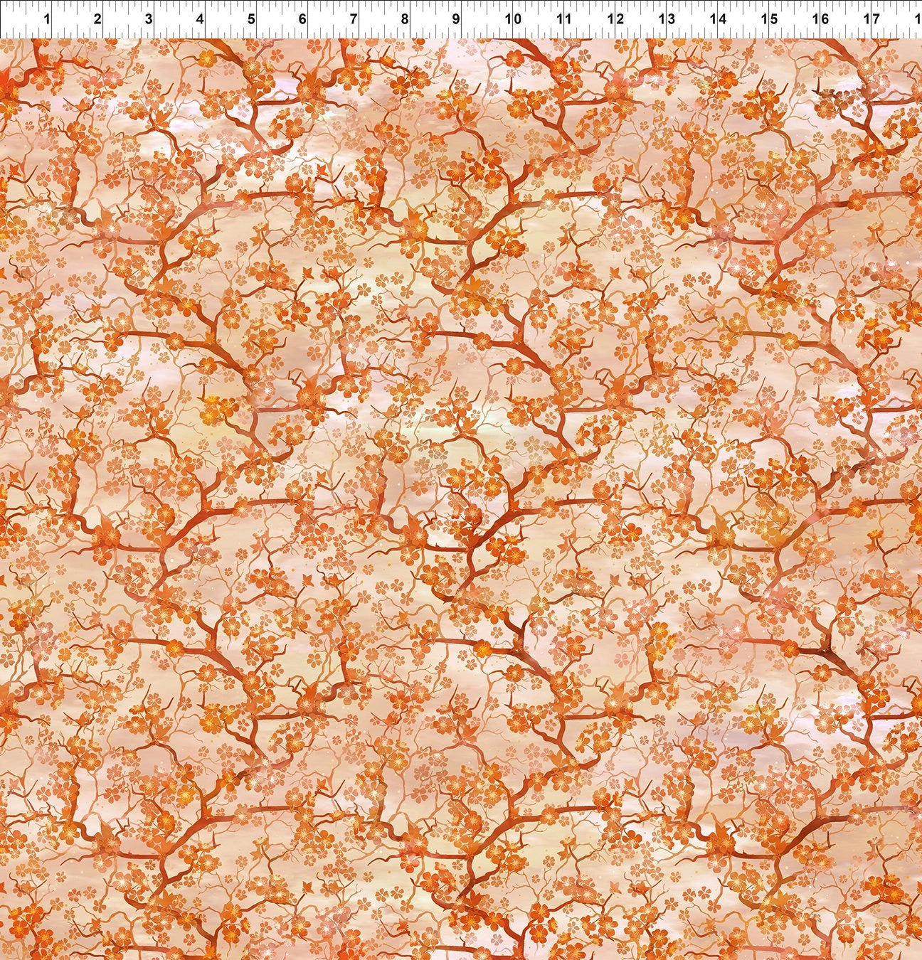 Oriental Gardens Orange Cherry Blossoms Fabric Yardage