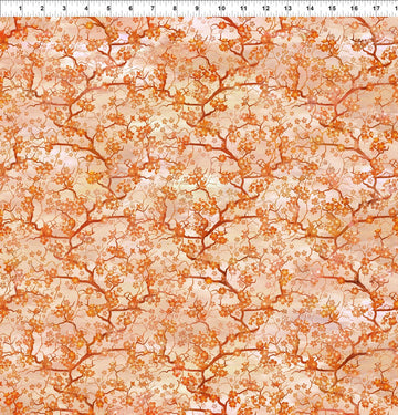 Oriental Gardens Orange Cherry Blossoms Fabric Yardage
