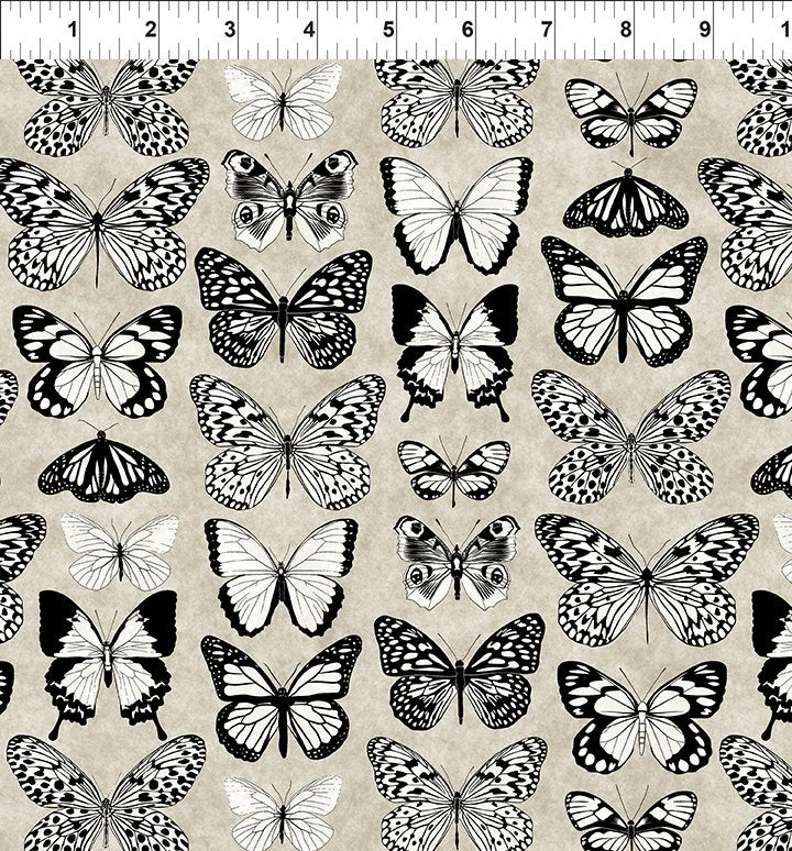 Sketchbook Prints black white sepia butterflies fabric yardage