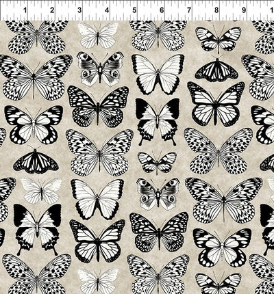 Sketchbook Prints Black and White on Sepia Butterflies Fabric Yardage