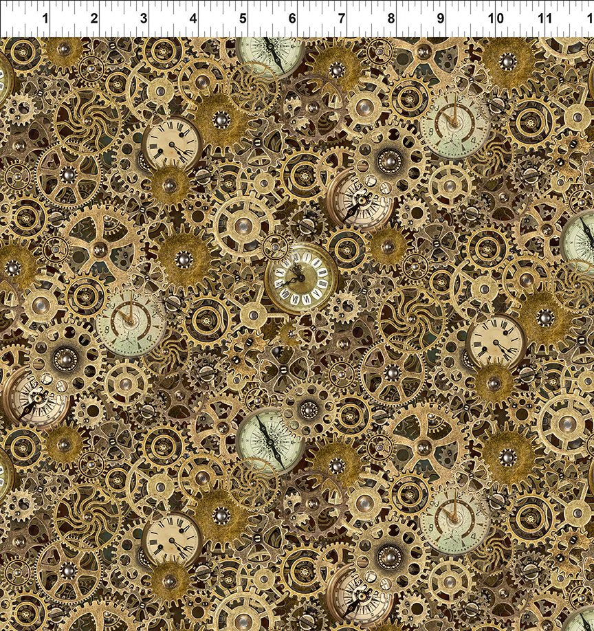 Steampunk Menagerie Gears Gold Fabric Yardage