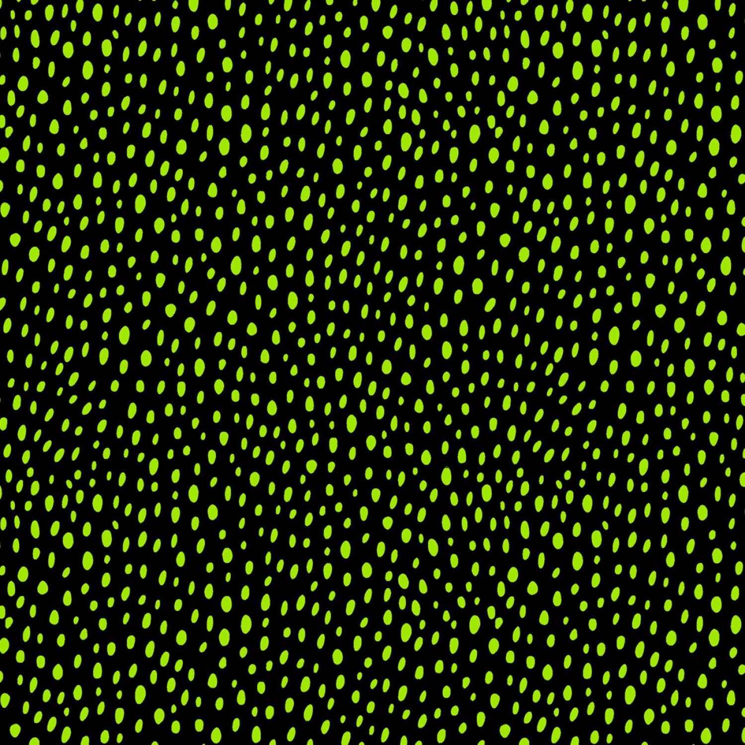 The African Story Black Droplets Fabric Yardage by Checker Distributor features a lively pattern of small, bright green dots scattered on black, with slight variations in size and spacing for an abstract, organic effect.