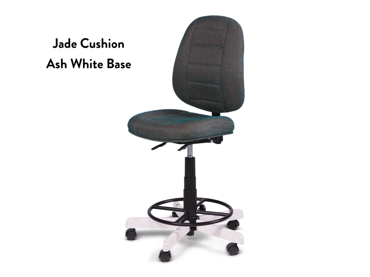 Koala SewComfort Chair featuring a jade green cushioned seat and backrest, ash white five-wheel base, and foot ring. Text left: Jade Cushion Ash White Base.