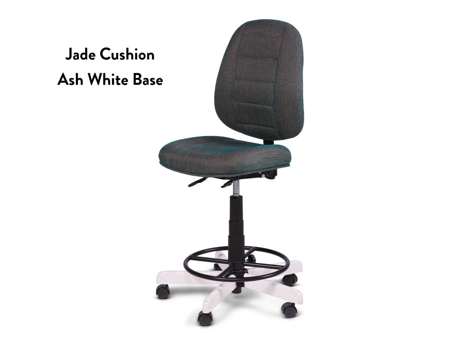 Koala SewComfort Chair featuring a jade green cushioned seat and backrest, ash white five-wheel base, and foot ring. Text left: Jade Cushion Ash White Base.