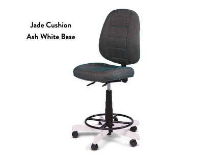 Koala SewComfort Chair featuring a jade green cushioned seat and backrest, ash white five-wheel base, and foot ring. Text left: Jade Cushion Ash White Base.