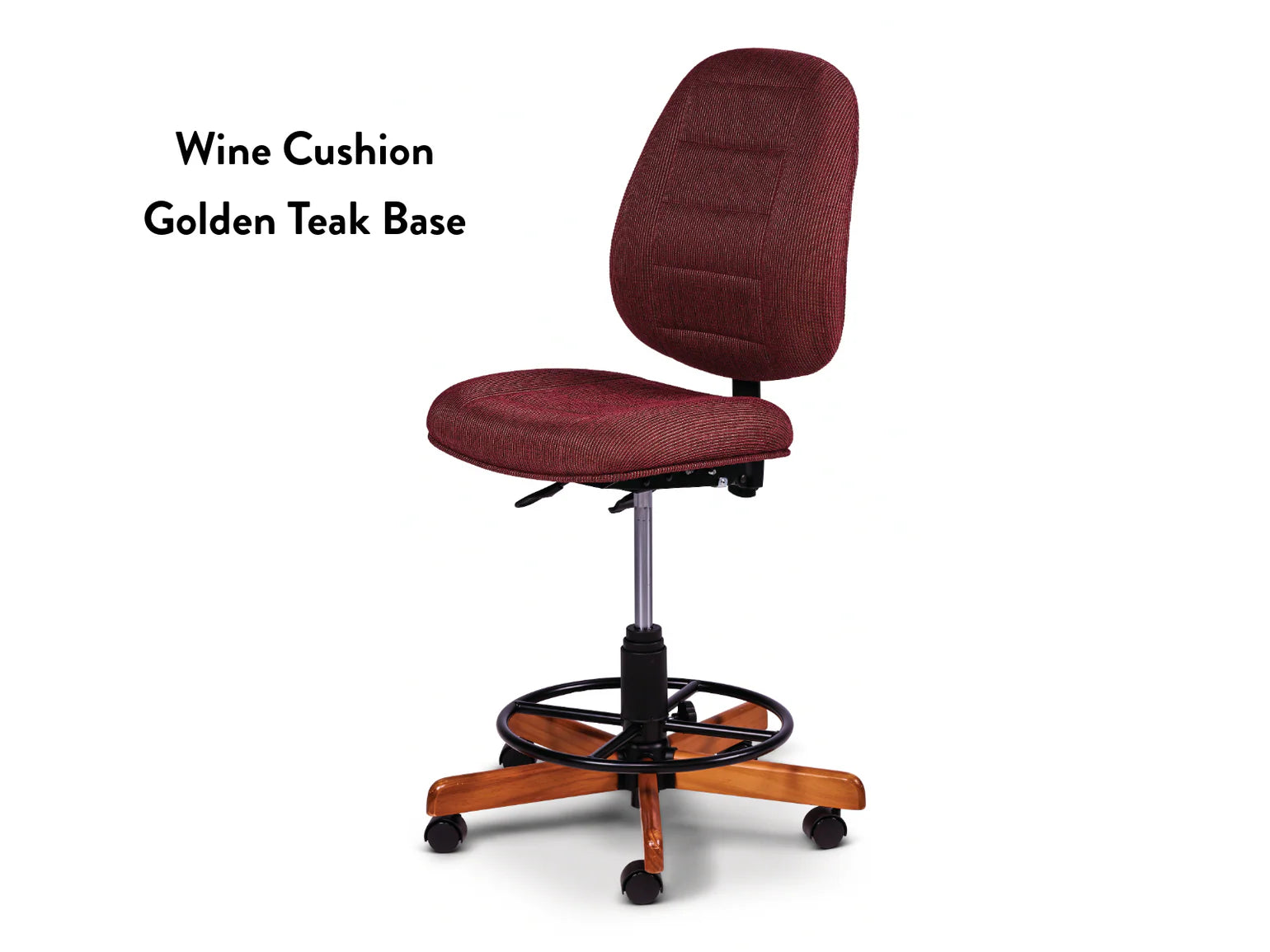 The Koala SewComfort Chair features a wine cushion, black adjustable metal frame, round footrest, and a five-legged golden teak wood base with black caster wheels. Text reads: Wine Cushion Golden Teak Base.