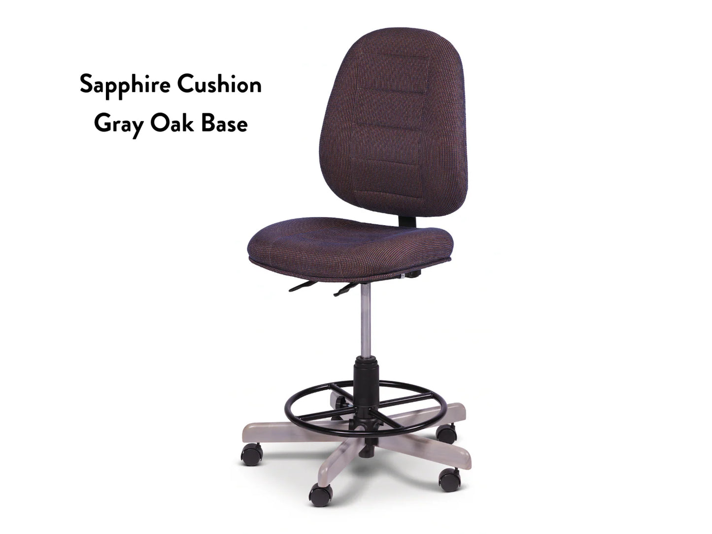 The Koala SewComfort Chair features a sapphire blue cushion, gray oak wheeled base, and circular footrest. Ergonomic and stylish, it’s perfect for sewing. Text beside the chair: Sapphire Cushion Gray Oak Base.