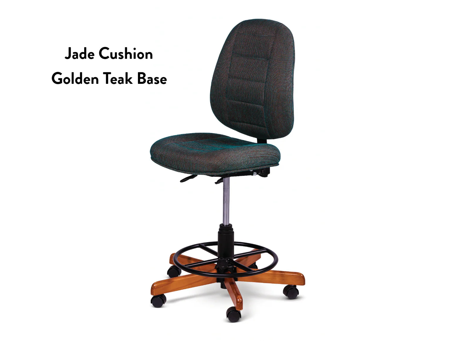 The Koala SewComfort Chair features a greenish jade cushion, high backrest, adjustable height, black ring footrest, and a golden teak wooden base with five wheels—combining ergonomic comfort and style for your creative workspace.