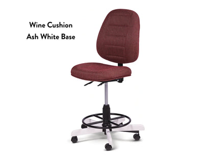 The Koala SewComfort Chair features a wine-colored cushioned seat and backrest, an ash white base with five wheels and a foot ring—ideal as an ergonomic sewing chair. Text on the left reads: Wine Cushion Ash White Base.